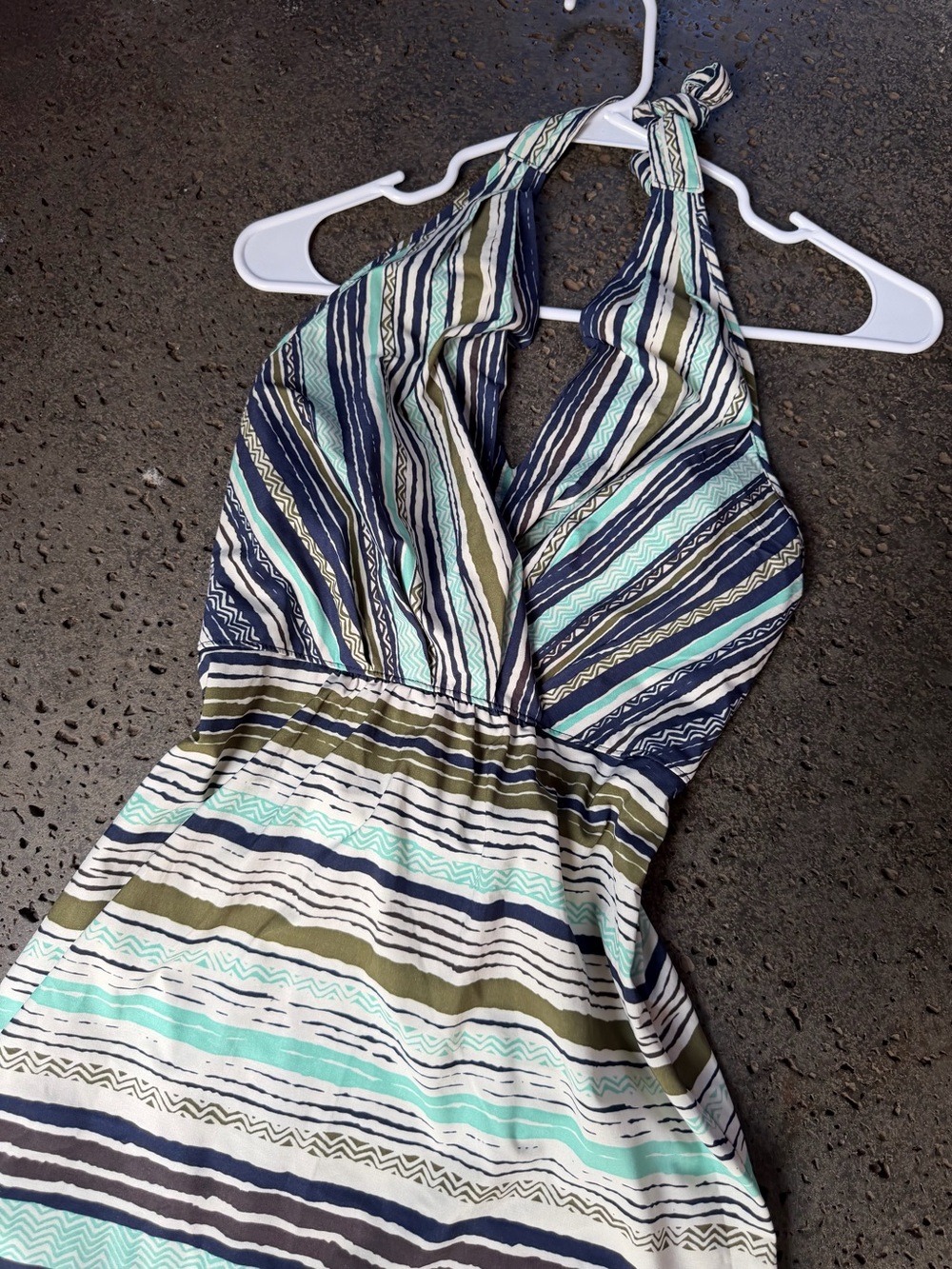 Striped Halter Summer Dress in Navy, Mint & Olive - Picture 2 of 3